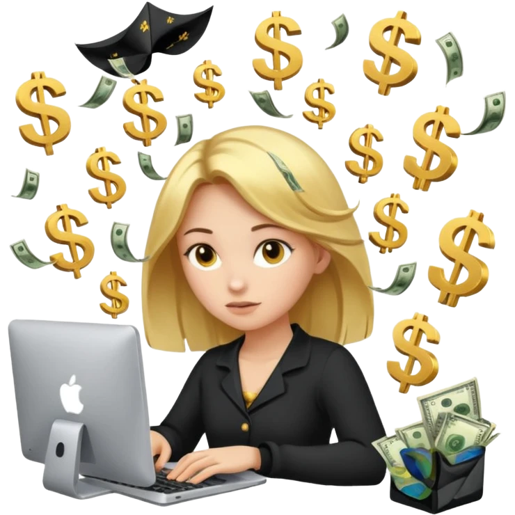 Girl who is trading options on her computer with $ signs in air emoji