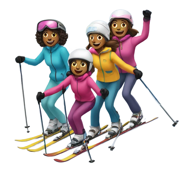 2 moms and 2 daughters skiing down a mountain.  emoji