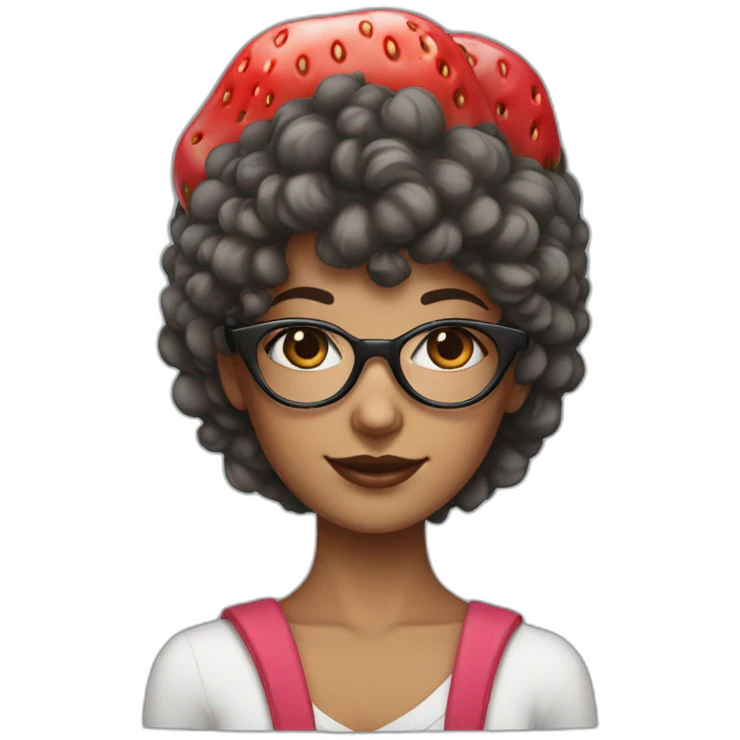 Brunette girl with circle glasses and wolf cut hair and a strawberry hat emoji
