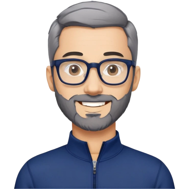 Light-skinned man with short black hair styled upward, short gray beard, large black-framed glasses, smiling face, wearing a navy blue zip-neck long sleeve athletic shirt emoji