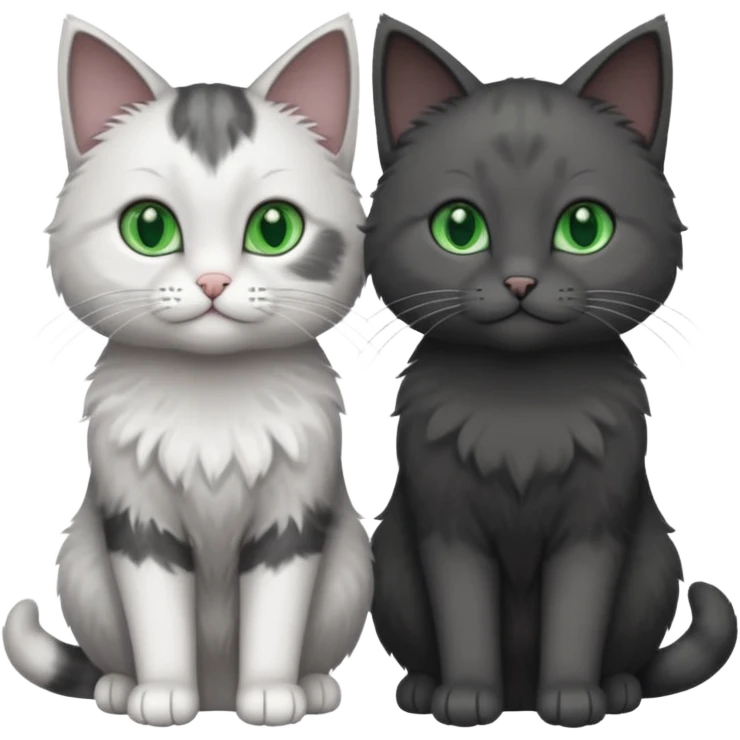 2 different coloured small cats including one dark grey and white cat and one completely solid dark grey cat with green eyes and only white paws emoji