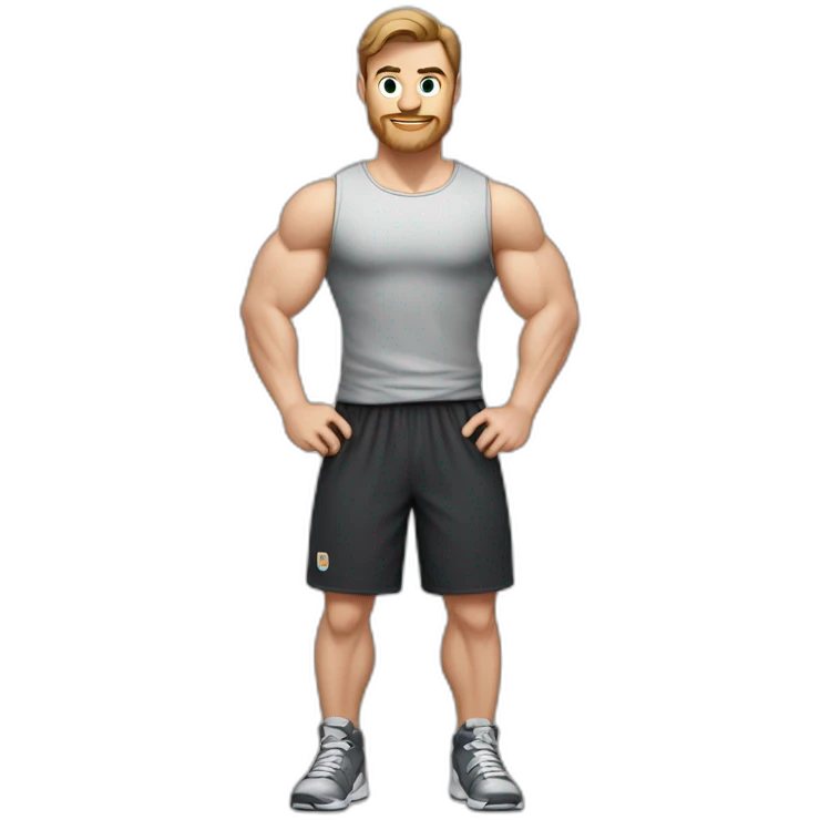 Close up Actively gesturing  with hands Pale skinned Fit Man With the biceps and brown hair in dark gray Sleeveless Mike, black oversize sports shorts, watch and white Sneakers emoji