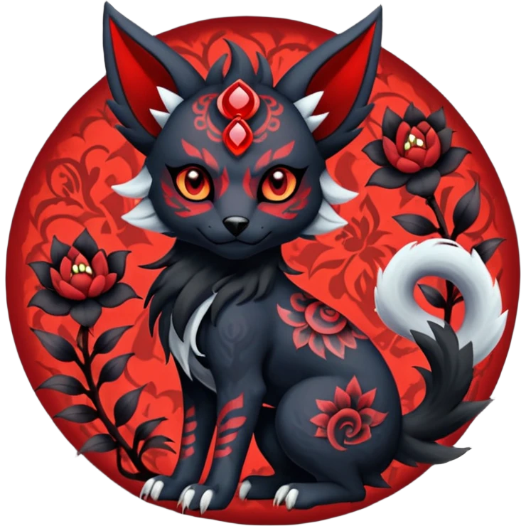 Asian-painted tattooed oriental Floral gothic edgy emo cool and ruby-jewelry-adorned Absol-Litten-Zorua-Houndour-fusion-Fakemon-animal-creature  emoji