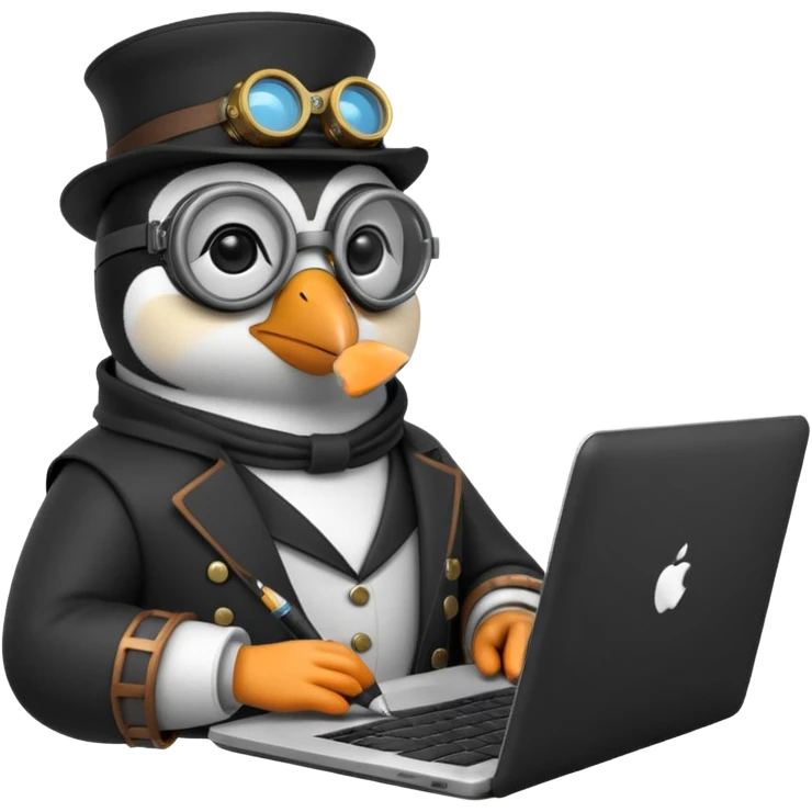 an steampunk engineer penguin writing code on a laptop emoji
