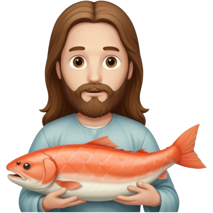 a white Jesus with a long beard holding a salmon emoji