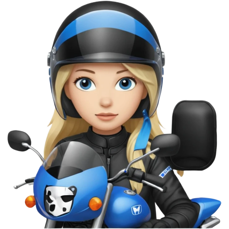 moça loira de cabelo comprido e olhos azuis com capacete em moto honda 150 preta emoji