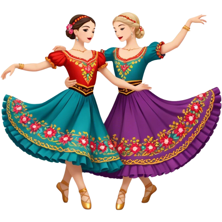 Cinematic Realistic scene of two dancers performing the Tarantella, dressed in vibrant, flowing traditional costumes with detailed embroidery and dynamic skirts, captured in festive motion with warm, lively lighting emoji