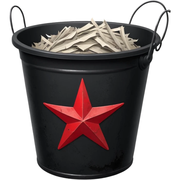 black bucket no handle, shredded paper inside, red texas on front emoji