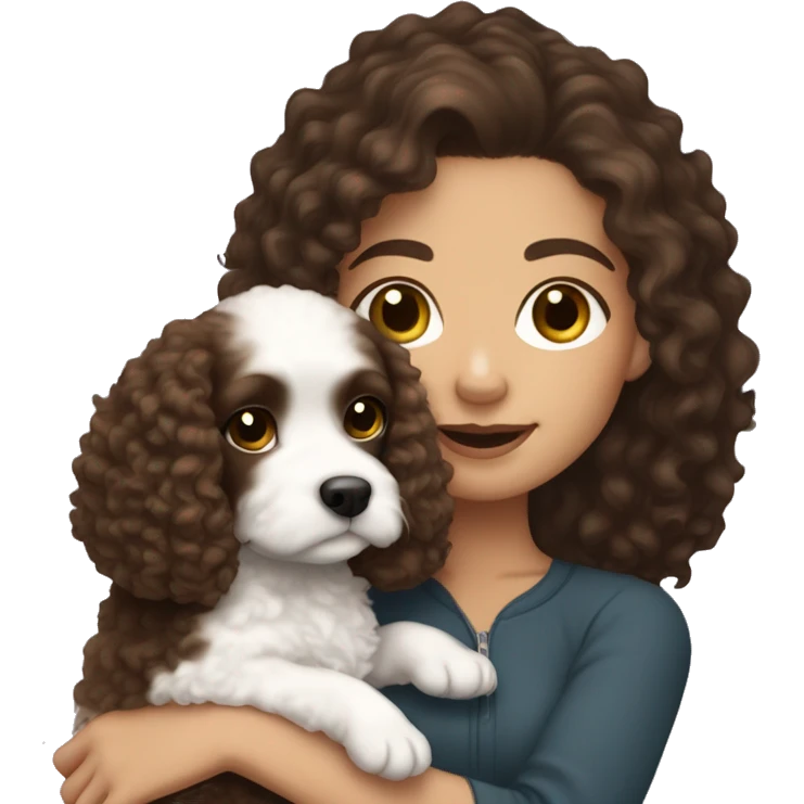 White girl with dark curly hair holding Cavapoo  emoji