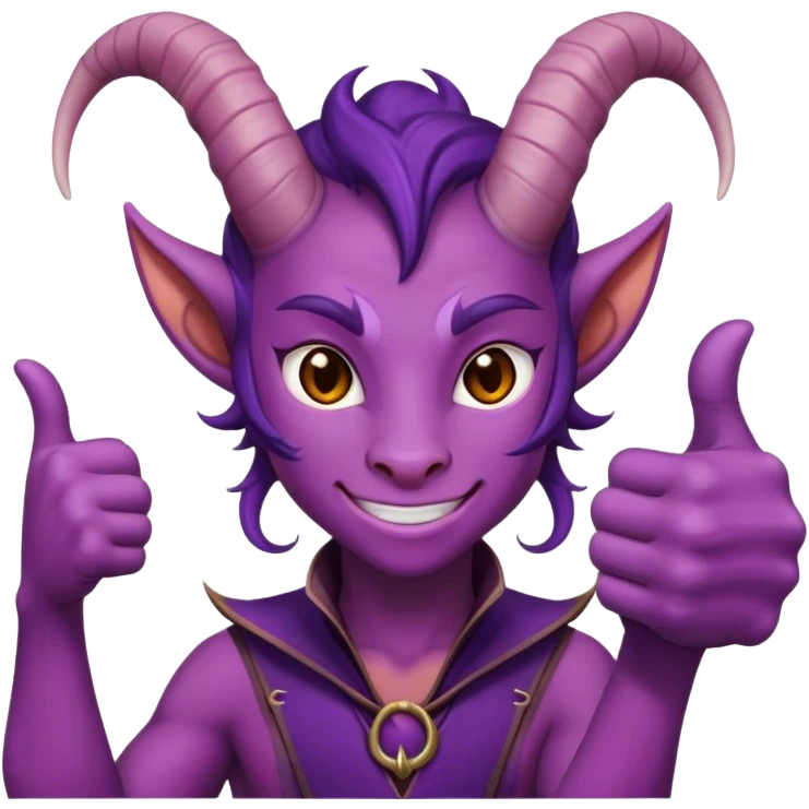 A purple tiefling gives a thumbs up emoji