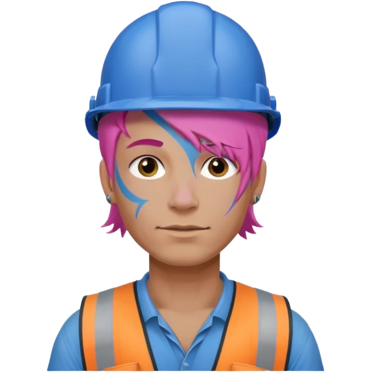 construction worker man pink hair, blue helmet and face tattoo emoji