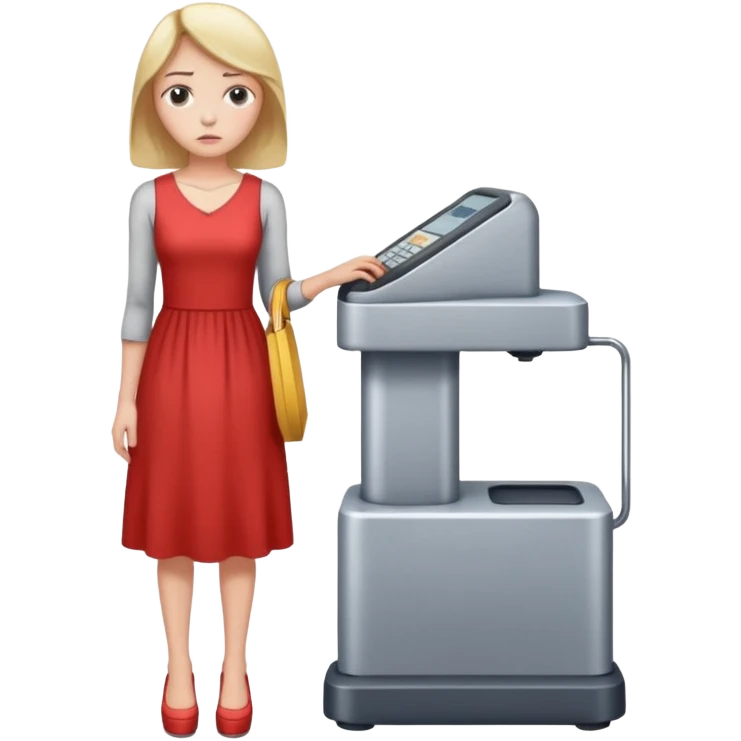 women is standing on weight check machine and she is sad because his weight is not ganaing emoji