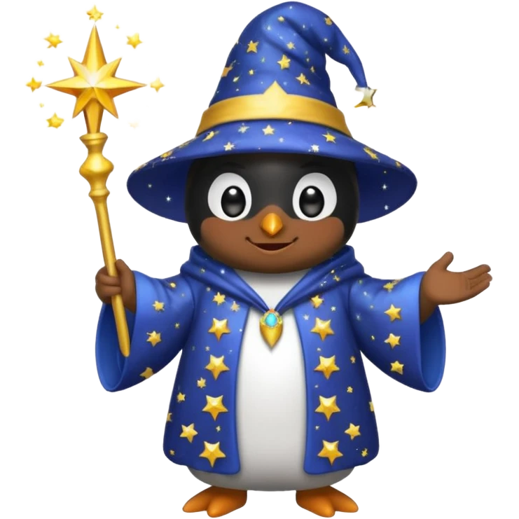 penguin wizard casting a sparkling spell, wearing a starry robe and hat, emoji style emoji