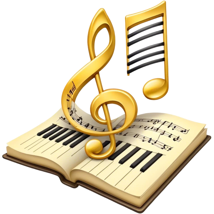 Create a bright and artistic emoji that represents music composition. The design should feature musical notes, a pencil or quill, and a sheet of music, symbolizing the creative process of composing a song. Add a touch of elegance with flowing lines to represent melody and rhythm. Incorporate piano keys arranged like a ribbon or flowing tape, symbolizing the piano's role in composition. Use gold or silver tones for sophistication, and incorporate vibrant colors to convey creativity. The background should be transparent. emoji