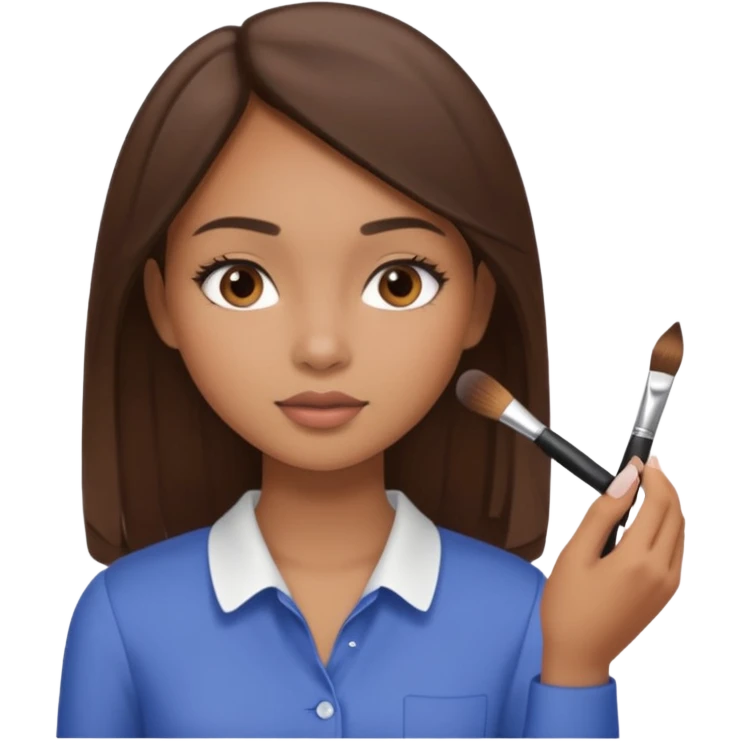 Draw a mixed-race girl applying makeup, wearing a clean girl blouse and with straight brown hair far away  emoji