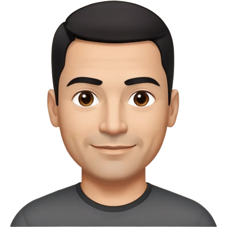 Athletic Hispanic man in his 40s-50s with light brown skin, very short black hair with low fade haircut, square face with strong jawline, thick straight eyebrows, wide straight nose, medium lips with confident smile, broad shoulders, wearing black fitted t-shirt emoji
