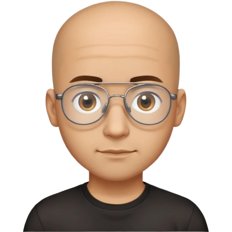 Latino man with small oval face and big forehead, aviator-style glasses, completely bald/shaved sides with very short curly dark hair only on top of head, neutral-friendly expression, light brown skin, wearing a black t-shirt emoji