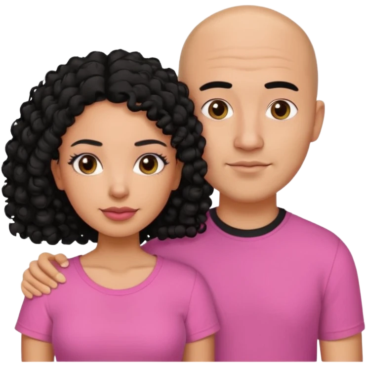 A picture if a couple. the man is a Mexican man with  black hair, a bald hair cut and black shirt on. the woman is mixed with black and white, with curly shoulder length hair and a pink shirt on emoji