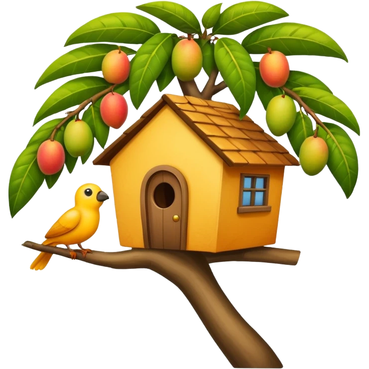 a mango tree with a small house on the branch, a bird peeking out from the house roof, emoji style emoji