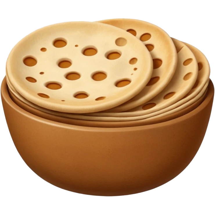 A flat, emoji-style illustration of a warm brown bowl filled with stacked round rotis (Indian flatbreads), slightly toasted with light brown spots. Soft rounded shapes, minimal details, subtle highlights, no outlines, centered composition, transparent background, modern app emoji style. emoji
