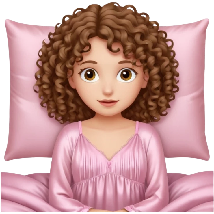 یه دختر مو فرفری با موهای موج دار که یه لباس خواب کرومی تنشه و خوبیده تو تختش emoji