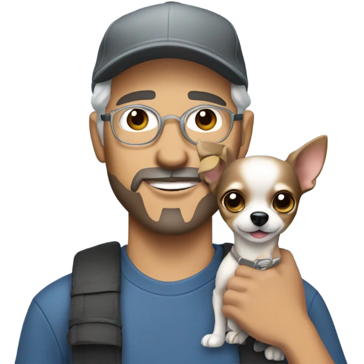 blue eyed man with gray hair and goatee wearing ball cap holding chihuahua with long black hair emoji