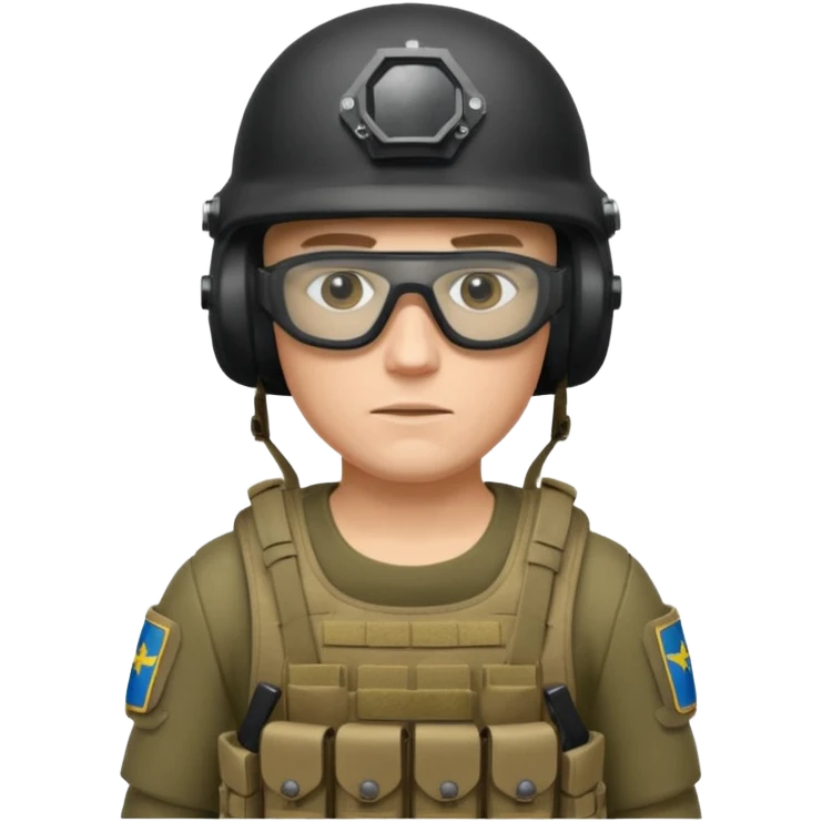Ukrainian intelligance agency warrior man in platecarrier with nato riffle in helmet and ballistic glasses emoji