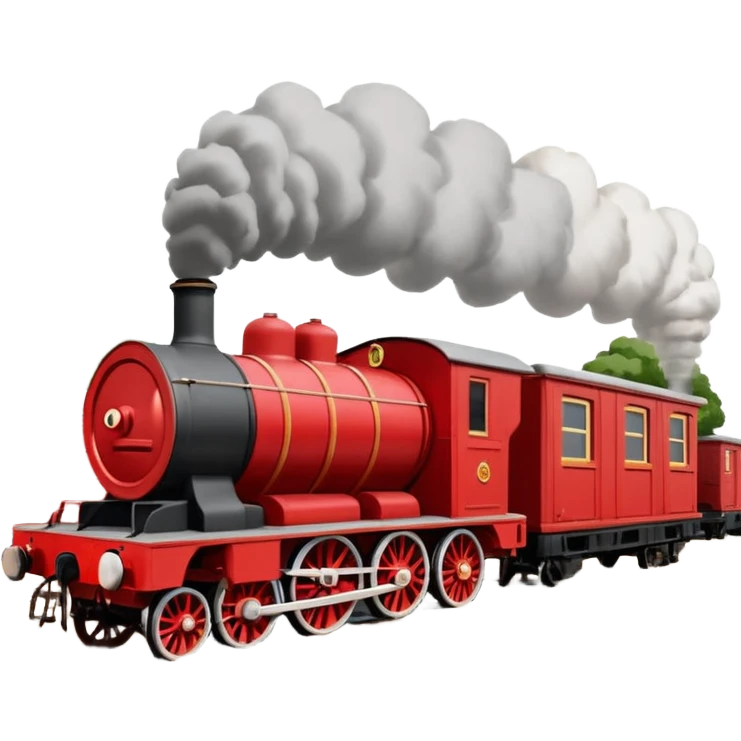 James the Red Engine pulling A Goods Train by Knapford Station on the Mainline, in the style of the original TV show, red engine with annoyed face, 6 seven plank troublesome freight cars, classic British industrial yard, no text emoji