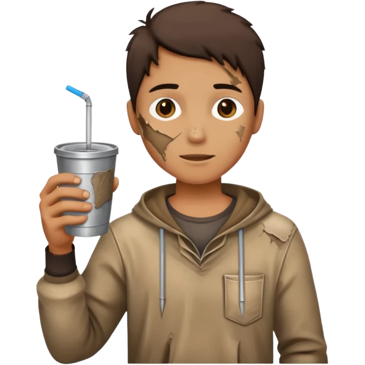 Create an emoji that shows a person wearing torn clothes with visible dirt marks and an empty cup. emoji