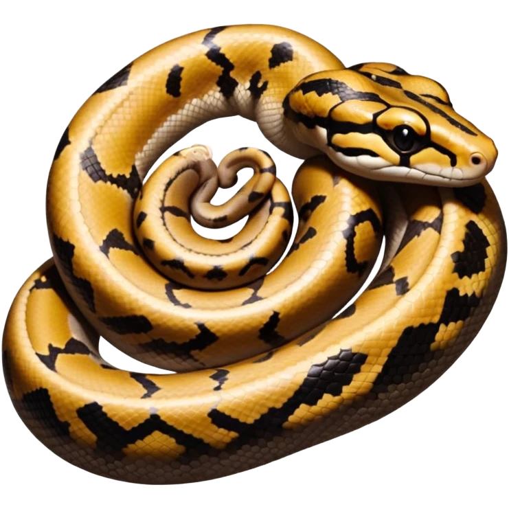 A photo-realistic top-down view of a Ball Python gently coiled into a tight spiral, with its head resting peacefully at the center. Its scales are warm brown with bold, irregular black markings, including the distinctive “alien-head” pattern, flowing smoothly along its body.  emoji