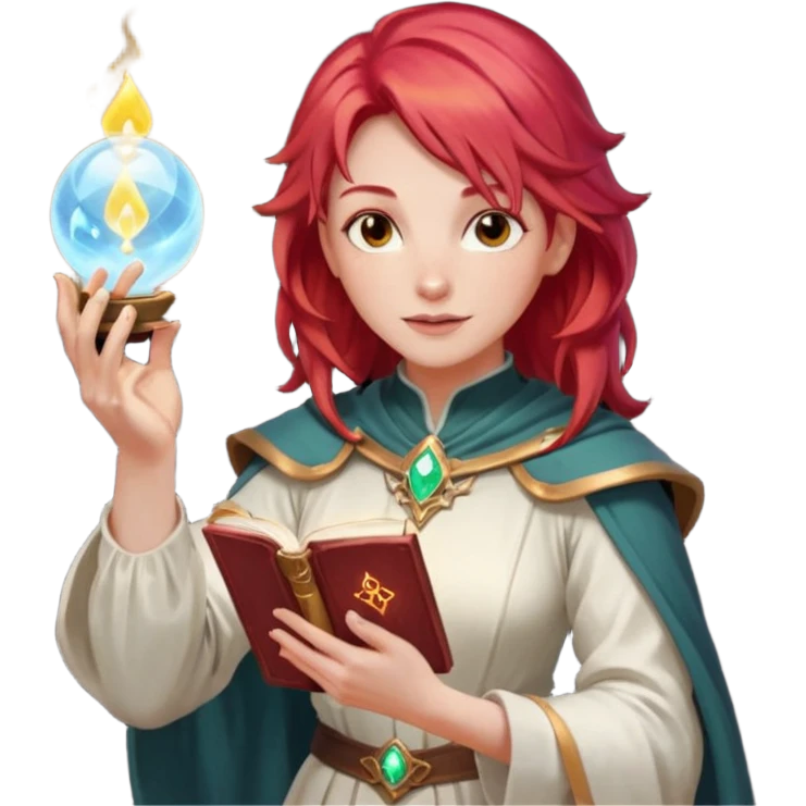 female dnd cleric with red hair holding a magic book in one hand and having a ball of light in the other emoji