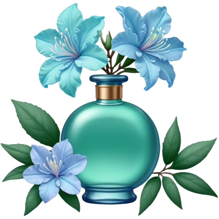 Aesthetic ensemble of soft blue azaleas alongside a charming vintage green perfume bottle.
 emoji