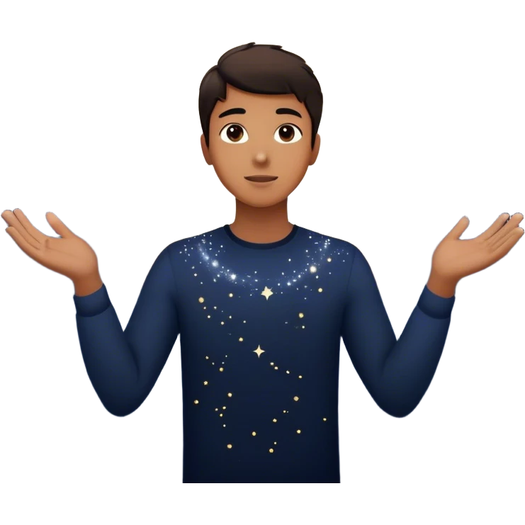 A young man in a vast, dark starry universe, surrounded by floating particles of light space. Each particle represents his personal universe. He reaches out, touching one, knowing that everything he does stays in this space forever. universe around him emoji