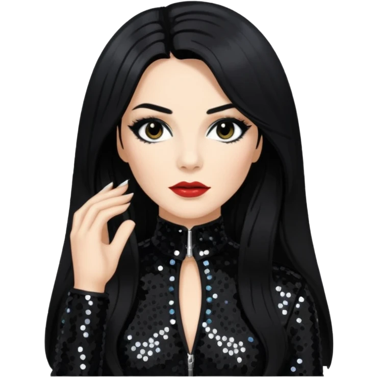 Janet Planet, Female Electropop Singer from Confidence Man with long black hair, black sequin outfit emoji