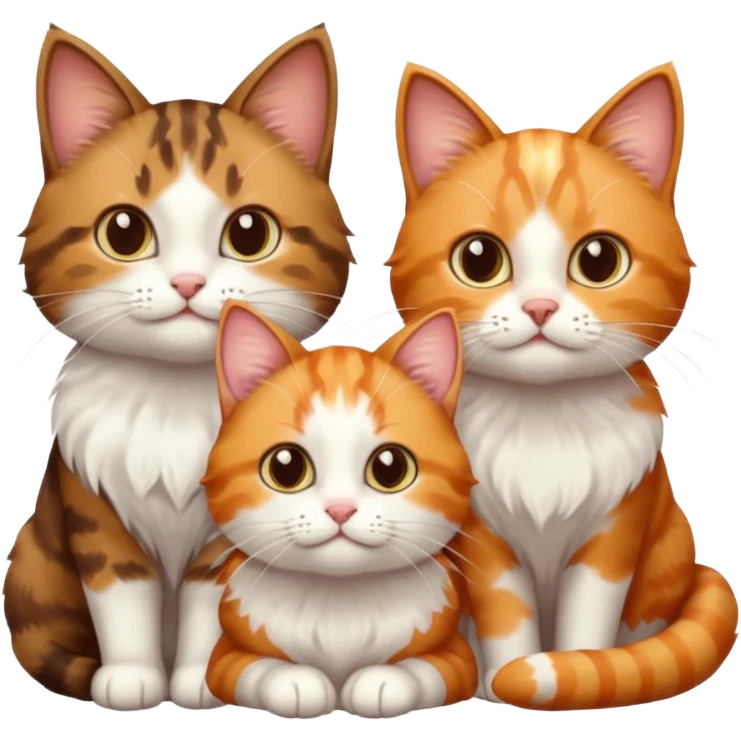 3 cats different colours including brown tabby and white, light patchy calico, and ginger and white emoji