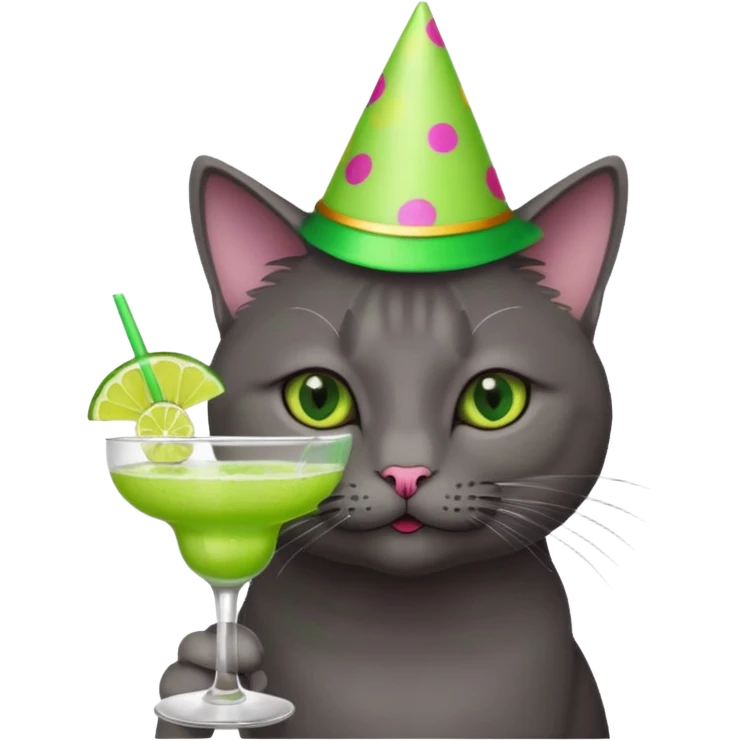 An old, dark grey cat is wearing a party hat, and drinking a margarita. emoji