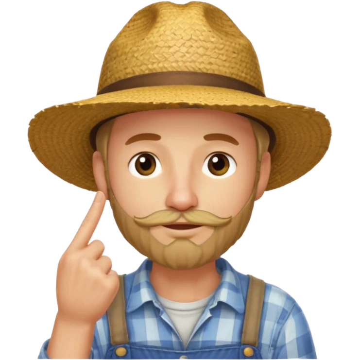 “A single emoji-style character combining 👨‍🌾😄 and 🤔: a smiling farmer man with a straw hat, friendly face, and light beard, holding one hand under his chin in a thinking gesture. His index finger rests under his face, eyes looking slightly upward as if thinking.  emoji