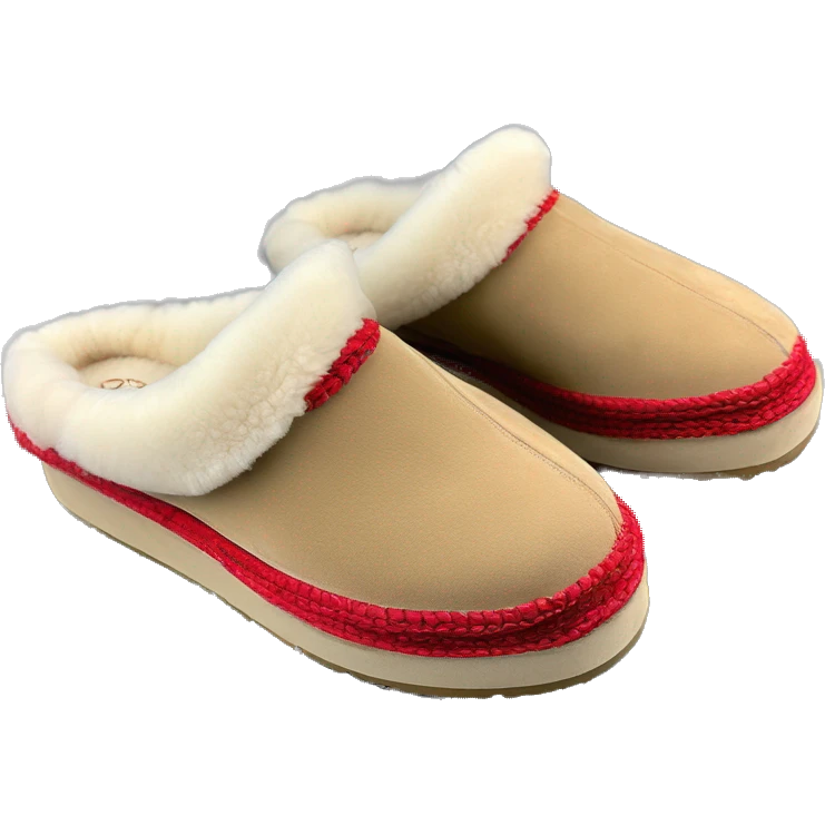 Camel color platform slip-on UGG slippers. has a thin red woven zig-zag trim detail on the cuff emoji