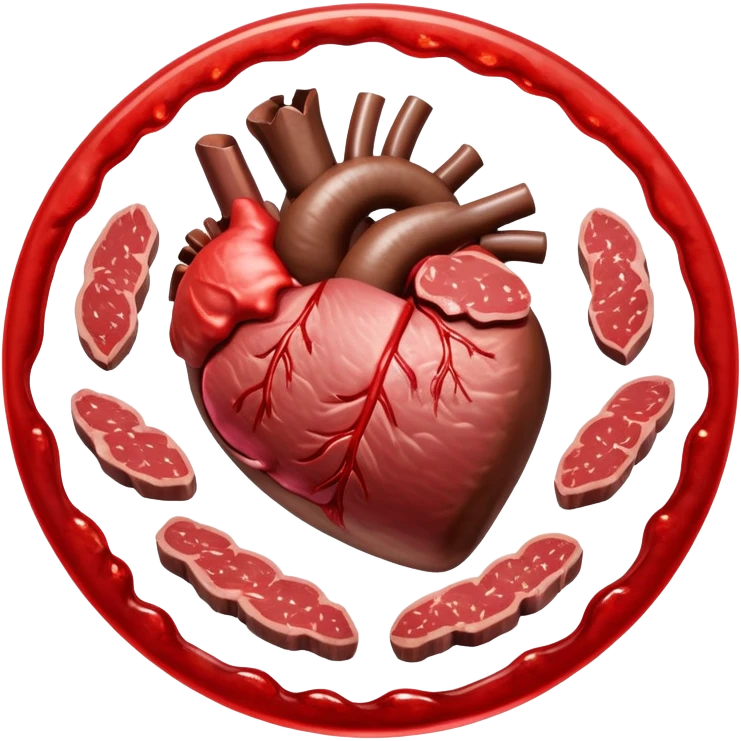 Several cuts of steak, beef, and liver arranged in a circle around a pulsing heart and bright red blood cells. Red energy flows from the meat into the blood cells, which then carry oxygen to the heart and muscles, representing iron's role in energy production. emoji