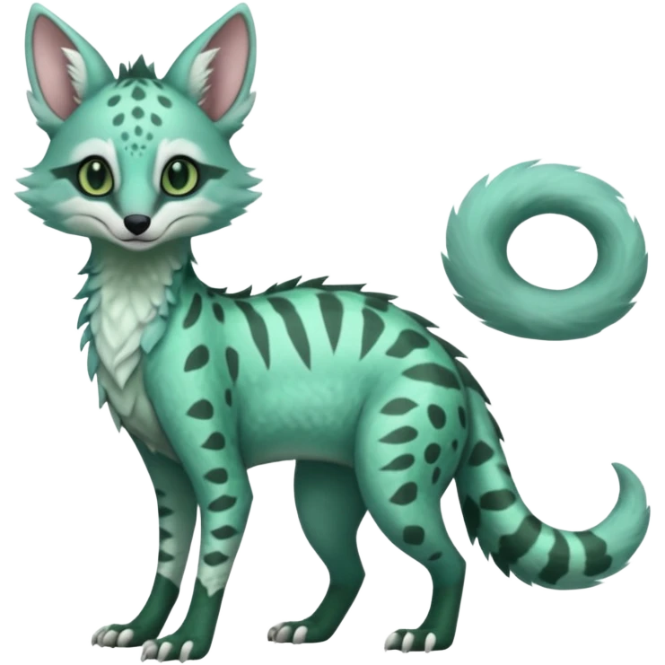 Feral Rare Fantasy minty-cyan pastel-seafoam-green Hunter-forest-green  Vernid-Sergal-Genet-Trico-species by LiLaiRa, random markings, tufted tail, tufted ears, full body emoji