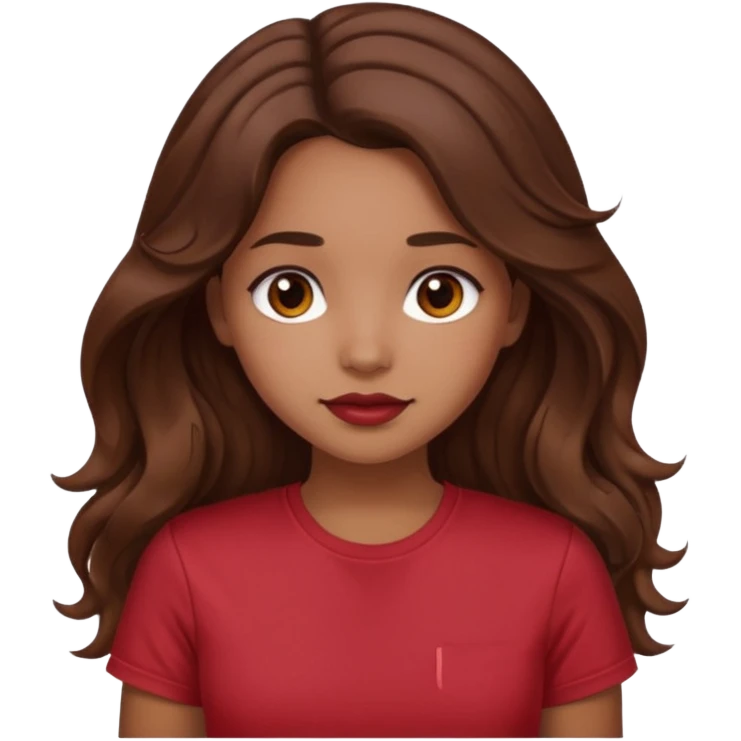 Light brown girl with long wavy brunette hair and blush, wearing dark red tshirt emoji