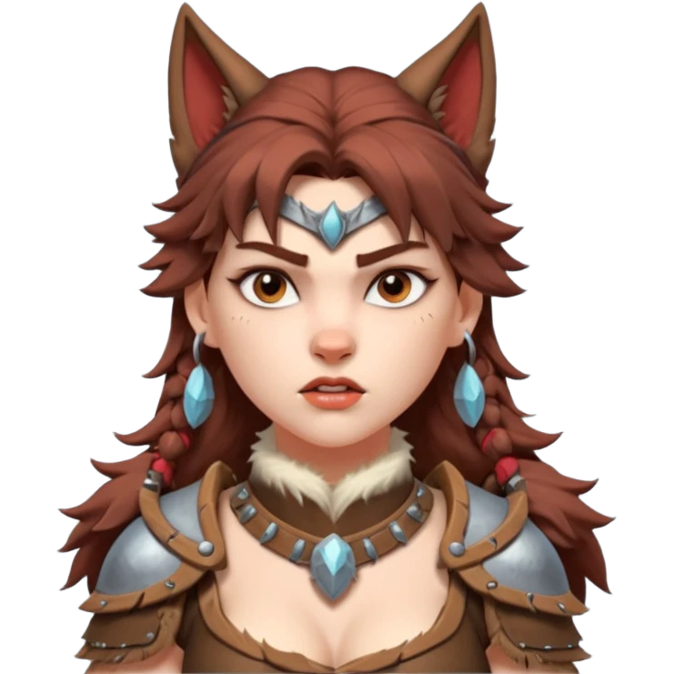 barbarian woman riding a wolf portrait, head and shoulders only, wolf head visible, fur-lined armor collar, fierce expression, fantasy style, 3D cartoon, mobile game icon style, clean background, no text, no watermark emoji