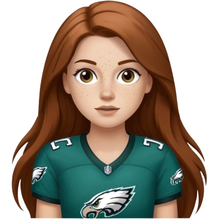 White girl with long  brown hair and freckles wearring a Philadelphia eagles jersey emoji