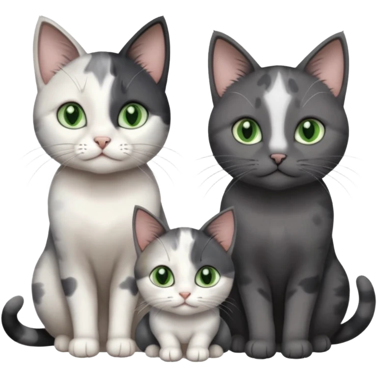 3 different coloured small cats including a dark grey and white, and a patchy calico and a completely solid dark grey with green eyes and only white paws emoji