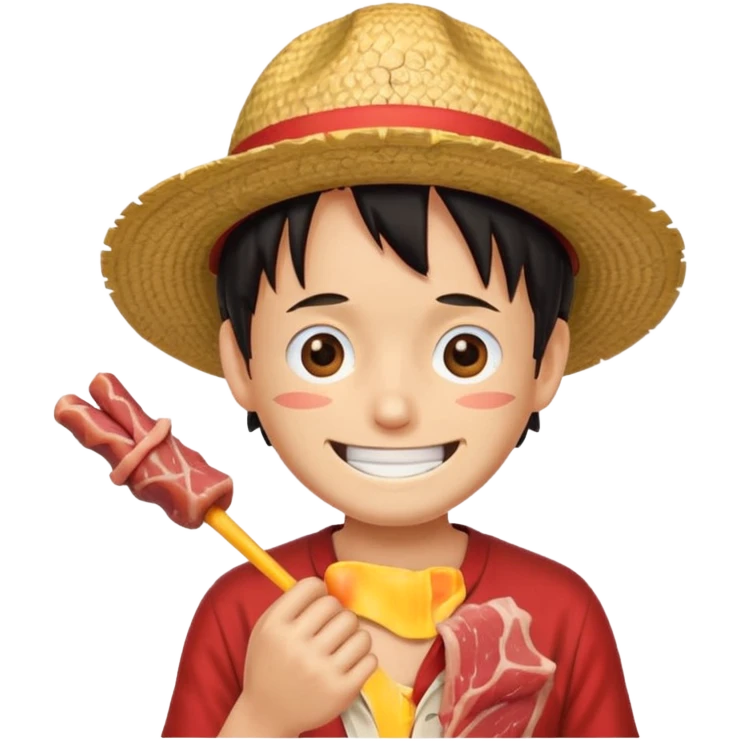 An emoji of luffy in a straw hat in one piece eating meat and laughing.  emoji