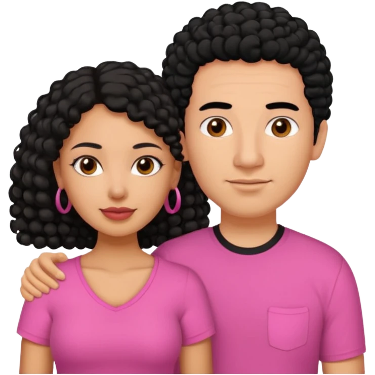 A picture if a couple. the man is a Mexican man with  black hair, a bald hair cut and black shirt on. the woman is mixed with black and white, with curly shoulder length hair and a pink shirt on emoji