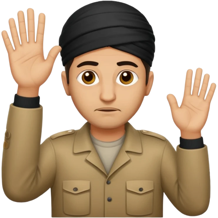 surrenders, portray an authentic 1980 Iraqi with a sad face and raised hands emoji