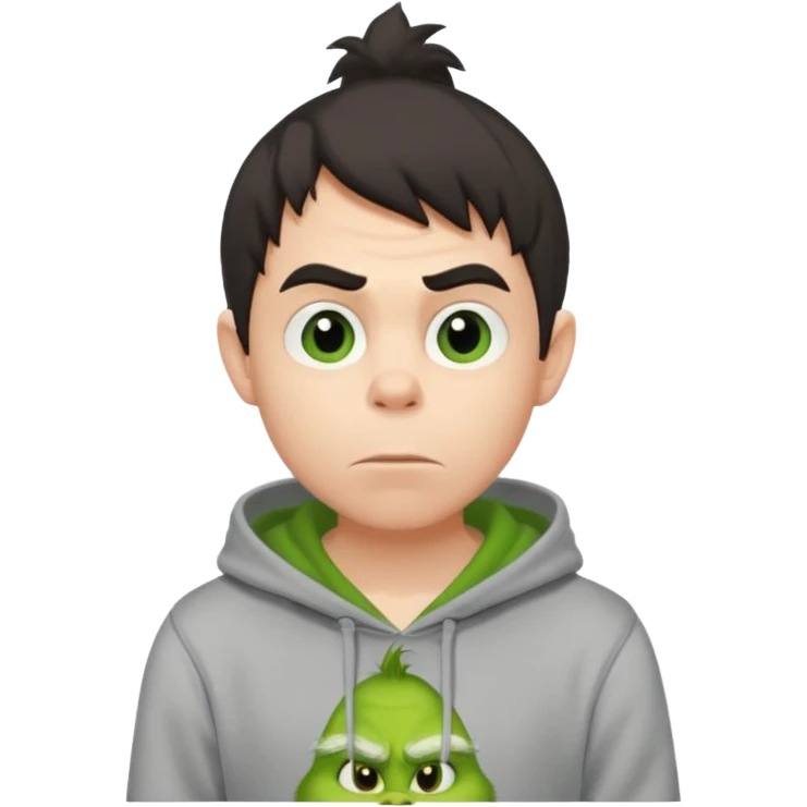 Create an avatar of white European with dark hair  male in hoodie with ``BST`` letters on it. Make background to look like from movie Grinch. make him look from right to left emoji