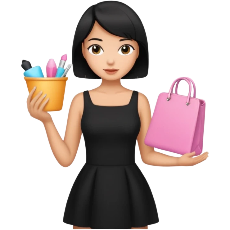 black short hair tanned woman, black dress girly things emoji
