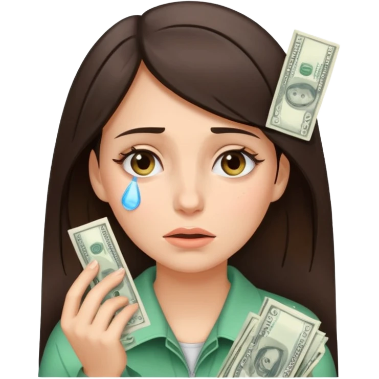 expressive face brunette girl drying her tears with money bills emoji